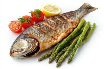 Salmon fillet asparagus lemon and tomatoes on a white backdrop