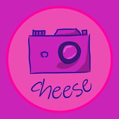 Hand drawing of a camera in purple. Hand drawn vector drawing of a digital SLR camera. Under the camera is the inscription: 