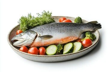 Salmon with fresh veggies plated and isolated on white