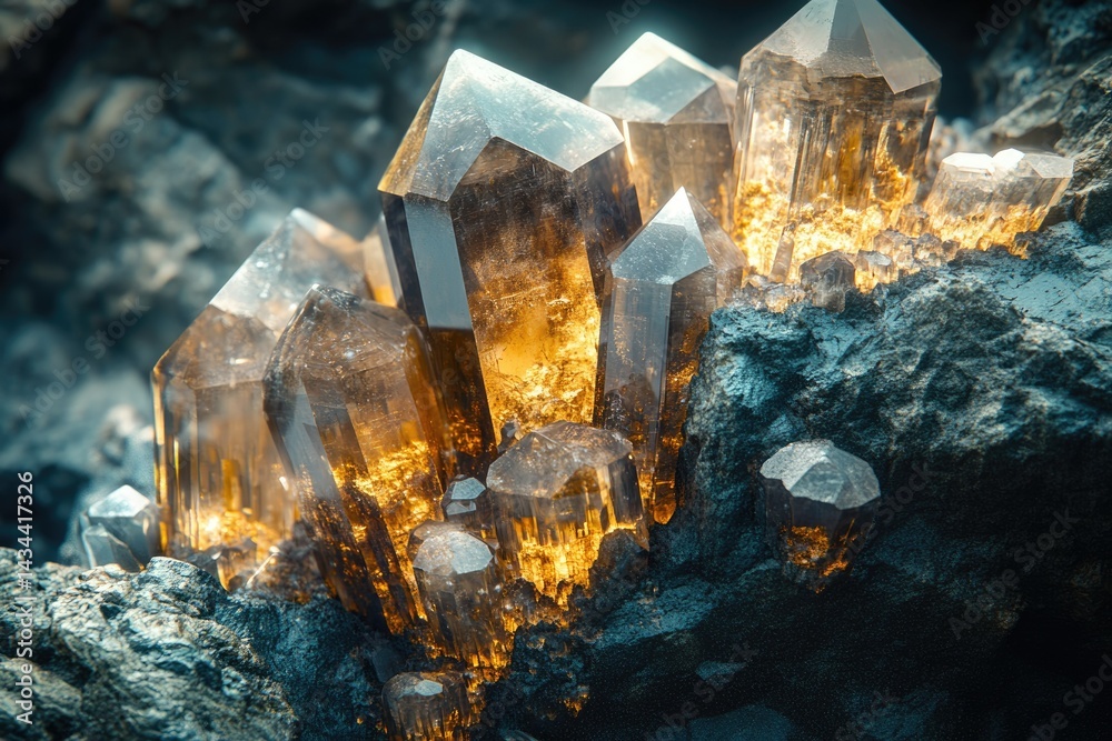Poster luminous smoky quartz crystals cluster embedded in dark rock, showcasing intricate formations and wa