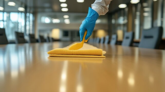 Hand in Blue Glove Cleaning Conference Table with Yellow Cloth in Modern Office