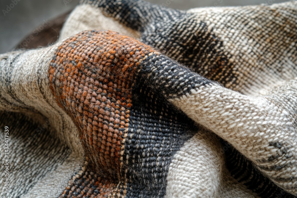 Poster close-up of a textured woolen throw blanket in beige, brown, and black, showcasing its intricate wea