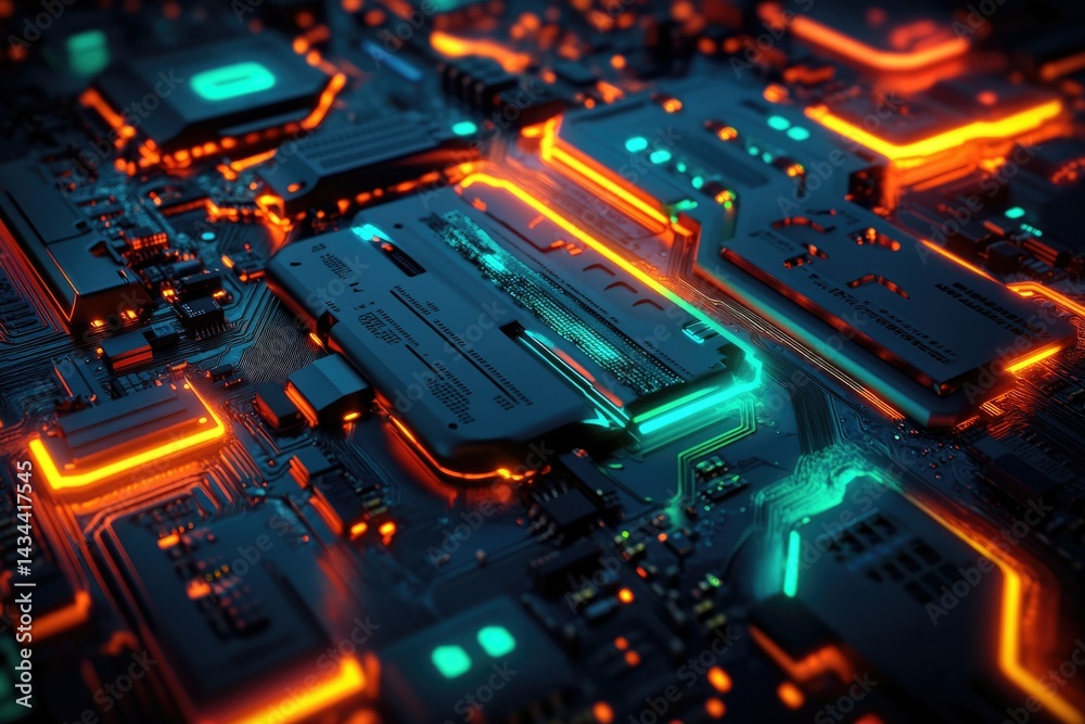 Poster close-up of a futuristic circuit board with vibrant orange and teal glowing lines, showcasing intric