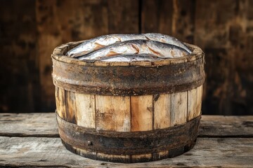 Fototapeta premium Salted herring in a wooden cask Fishing market Norwegian seafood