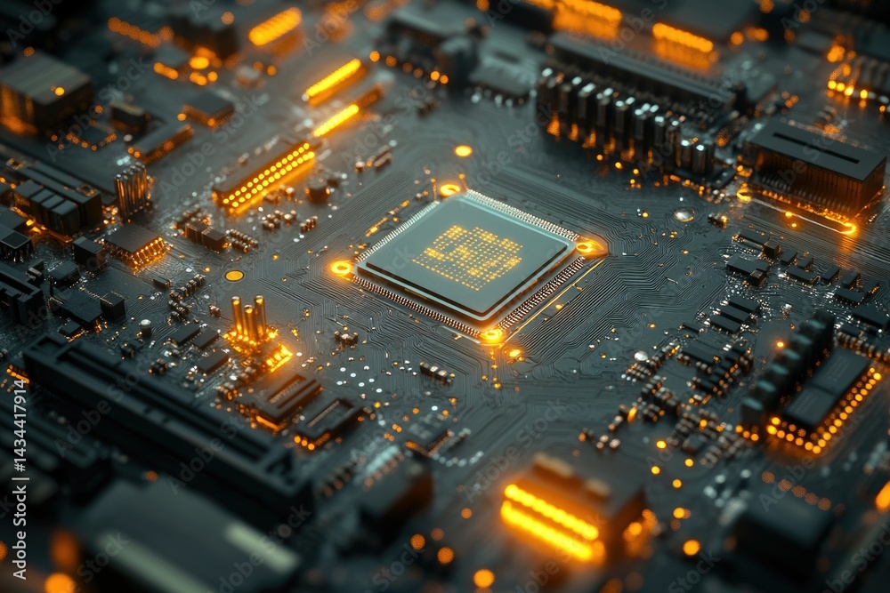 Fototapete close-up view of a computer motherboard with a central processing unit (cpu) illuminated in orange.