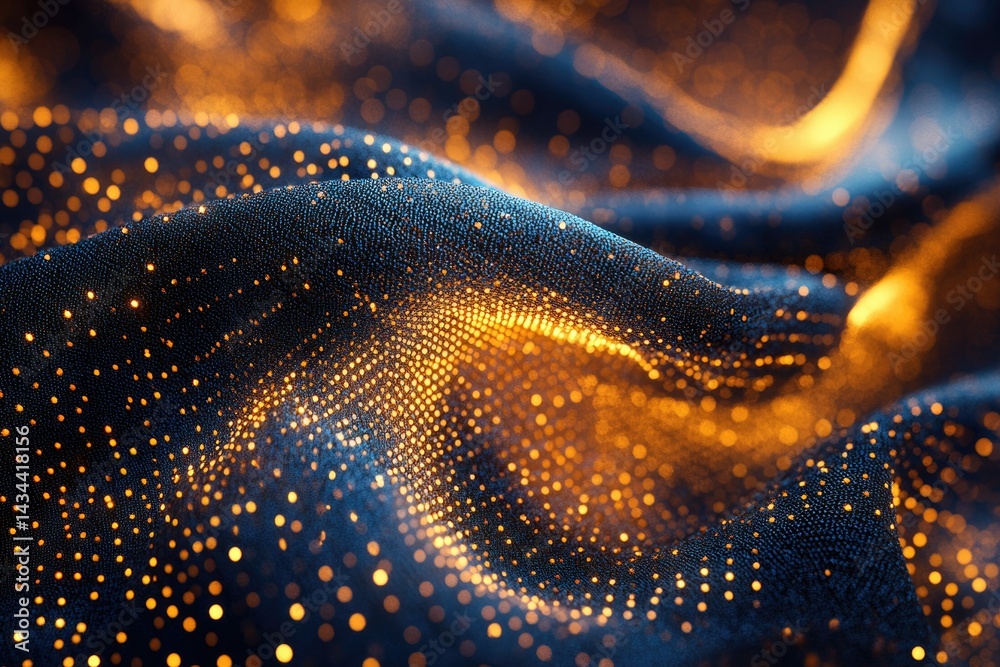 Poster Abstract digital art depicting a dark, undulating surface adorned with glowing golden particles, creating a luxurious and futuristic effect.