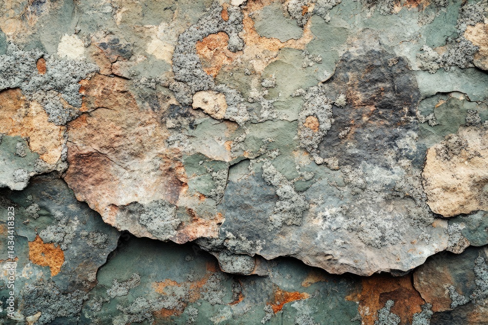 Aufkleber weathered stone surface with layered texture, showing erosion and lichen growth.