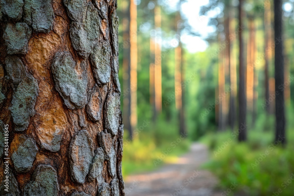 Aufkleber Close-up of textured pine tree bark with a blurred forest path in the background.