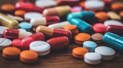 Assorted Multicolored Tablets and Capsules on a Wooden Surface for Health Concept