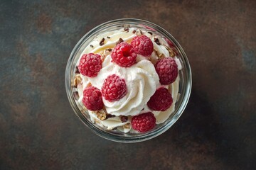 Scottish dessert in a jar whipped cream roasted oats and raspberries Space for text on banner menu or recipe overhead view