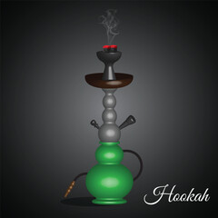 This graphic shows a traditional hookah (also known as shisha or water pipe), with a green glass base, a tall decorative stem, and a smoking bowl at the top emitting wisps of smoke.