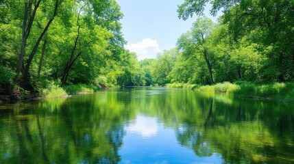 Obraz premium Serene river flowing through lush forest