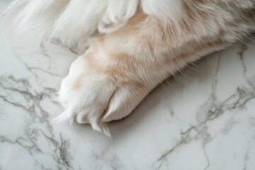 Fototapeta premium Creamy cat paw resting on a marble surface, soft fur, gentle touch.