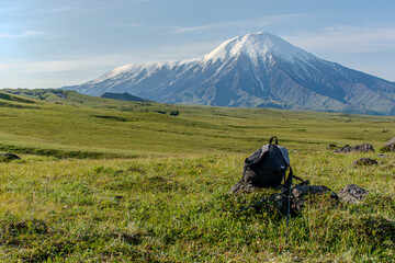 volcano with a clear blue sky in the background