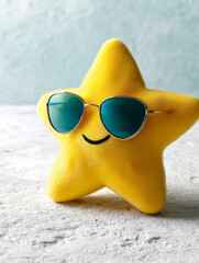 Obraz premium Plush star toy wearing sunglasses on a light background.