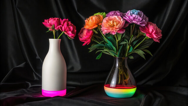 Elegant white bottle with hot pink base and neon rainbow vase of animated glowing peonies, black silk backdrop.