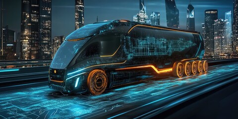 Obraz premium Futuristic self-driving truck speeding along a smart highway at night in a modern city.