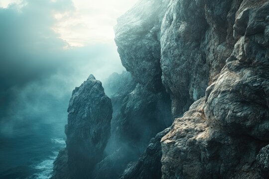 Misty, dramatic coastal cliffs shrouded in fog, overlooking a turbulent sea. A scene of rugged beauty and mystery. - Powered by Adobe
