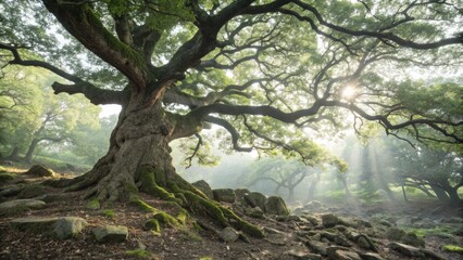 Ancient Oak Sunlit Canopy, Mossy Roots, Mystical Forest
