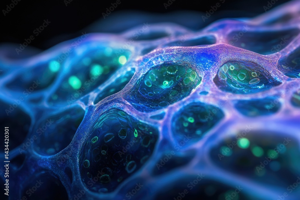 Aufkleber microscopic view of a vibrant, interconnected cellular network glowing with bioluminescence.
