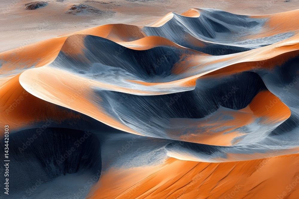 Poster abstract aerial view of sculpted sand dunes in a desert, showcasing captivating texture and color co