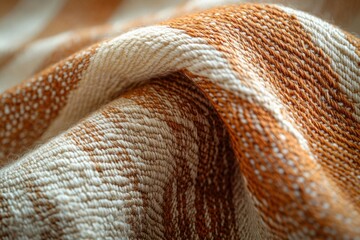 Fototapeta premium Close-up of a textured fabric with creamy white and burnt orange stripes, showcasing its woven detail.