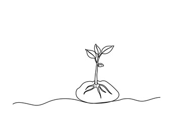 Sprout in the ground. One line drawing vector illustration.