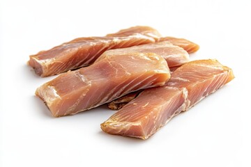 Sliced smoked mackerel on a light backdrop