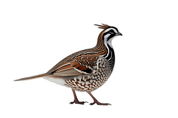 Wild quail ,Single Quail Isolated on White for Wildlife and Bird Concepts: Detailed Brown and Black Patterned Bird Imagery: Quail, Isolated, White, Bird, Wildlife, Nature, Brown, Black, Patterned.
