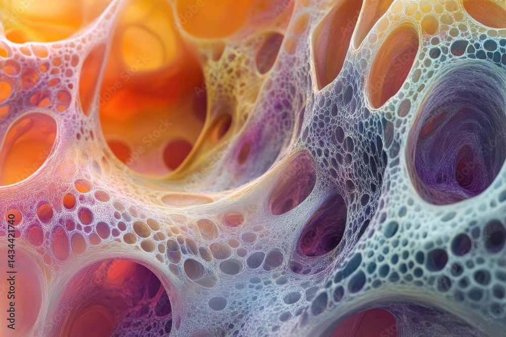 Aufkleber abstract 3d render of a porous, interconnected network with vibrant, multicolored hues.