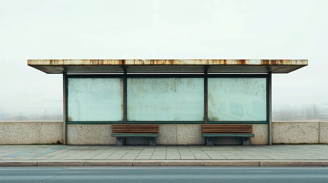 A bus stop with three benches and three windows