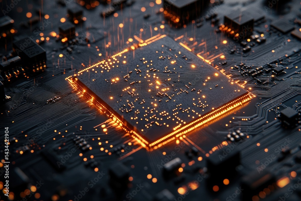 Fototapete close-up of a glowing microprocessor on a circuit board, showcasing intricate technology.