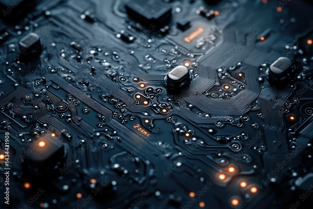 Poster Close-up of a circuit board's intricate pathways and components, showcasing technological complexity.