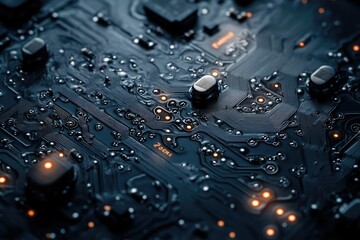 Close-up of a circuit board's intricate pathways and components, showcasing technological complexity.