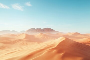 Naklejka premium Vast, orange sand dunes stretch towards hazy mountains under a clear, light blue sky.