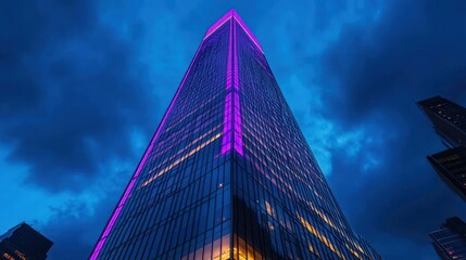 Skyscraper, city, night, purple lights, clouds, urban, architecture,  business