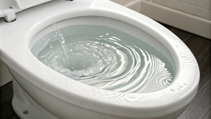 Close-up of flushing water in white toilet bowl, circular waves, ripples, hygiene, plumbing
