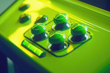 Close-up of a vibrant green arcade control panel with glossy buttons, evoking a retro gaming aesthetic.