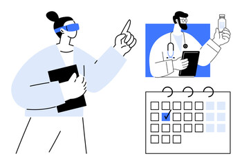 Person in VR headset engaging in virtual interaction, doctor holding vaccine bottle, calendar with marked date. Ideal for telemedicine, appointment booking, healthcare advancement, future