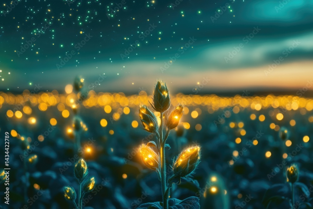 Poster glowing flowers in a field at night, magical scene with bokeh effect and starry sky.