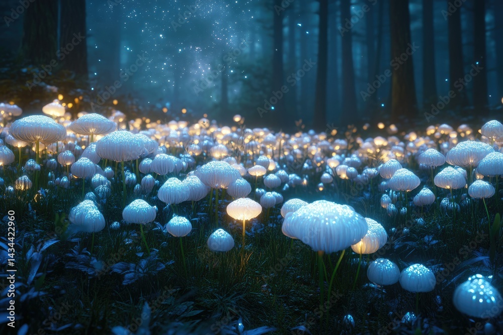 Poster glowing mushrooms illuminate a mystical forest at night, creating an enchanting scene.