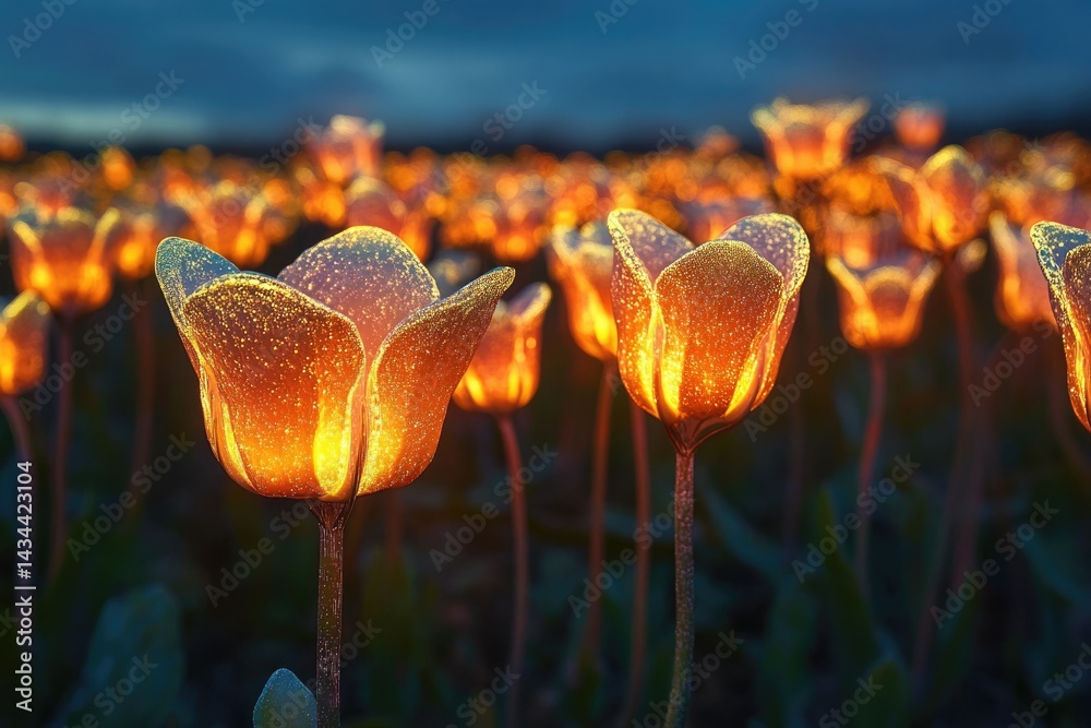 Aufkleber glowing tulips illuminate a field at dusk, creating a magical and serene scene.