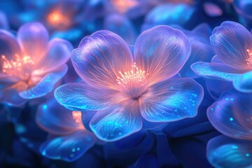 Glowing, translucent flowers with vibrant blue and orange hues, digitally rendered.