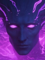 Close-up portrait of a person's face. the person appears to be a futuristic or sci-fi character, with a dark and eerie appearance.