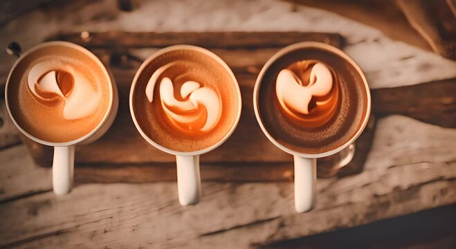 Three cups of cappuccino with intricate latte art on a wooden table in a cozy cafe warm ambient lighting in the background 4K