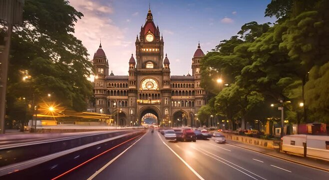 Timelapse view of traffic in front of historic landmarks BMC Building and Chhatrapati Shivaji Terminus (Victoria Station) in Mumbai Maharashtra India zoom out 4K