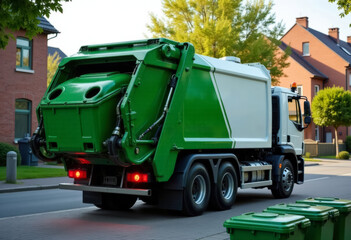 green garbage truck on city street for glass waste removal, glass recycling concept