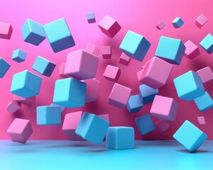 Obraz premium Colorful floating cubes in a vibrant pink and blue background, creating a playful atmosphere