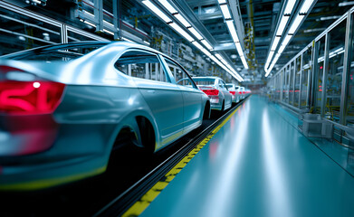 Fototapeta premium Modern car bodies move along an automated production line in a high-tech automotive manufacturing facility. 