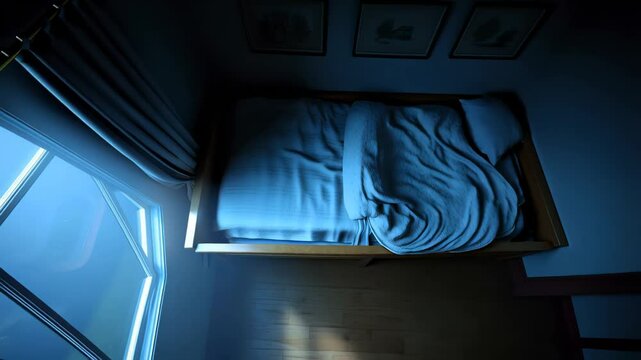 Top view of cozy bed with rumpled blanket illuminated by soft blue moonlight through window

